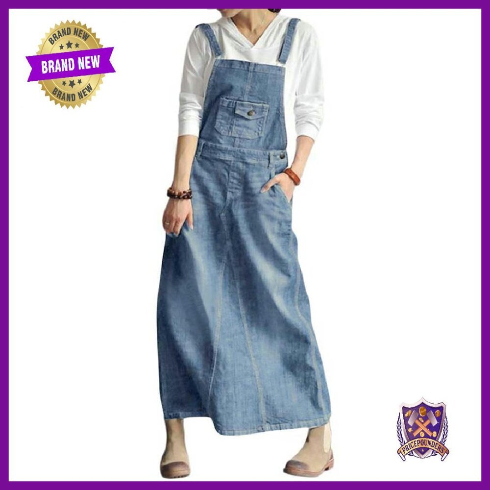 Vintage Denim Overall Dress Adjustable Straps Distressed A-Line Midi